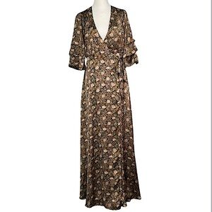 Aakaa Antique Pewter Green Tiered Sleeve Floral Maxi Dress